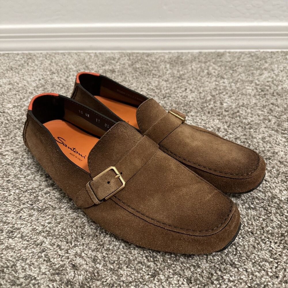 Santoni Apron Toe Driving Buckle Loafer Brown Suede Men’s Size 11 Made In Italy